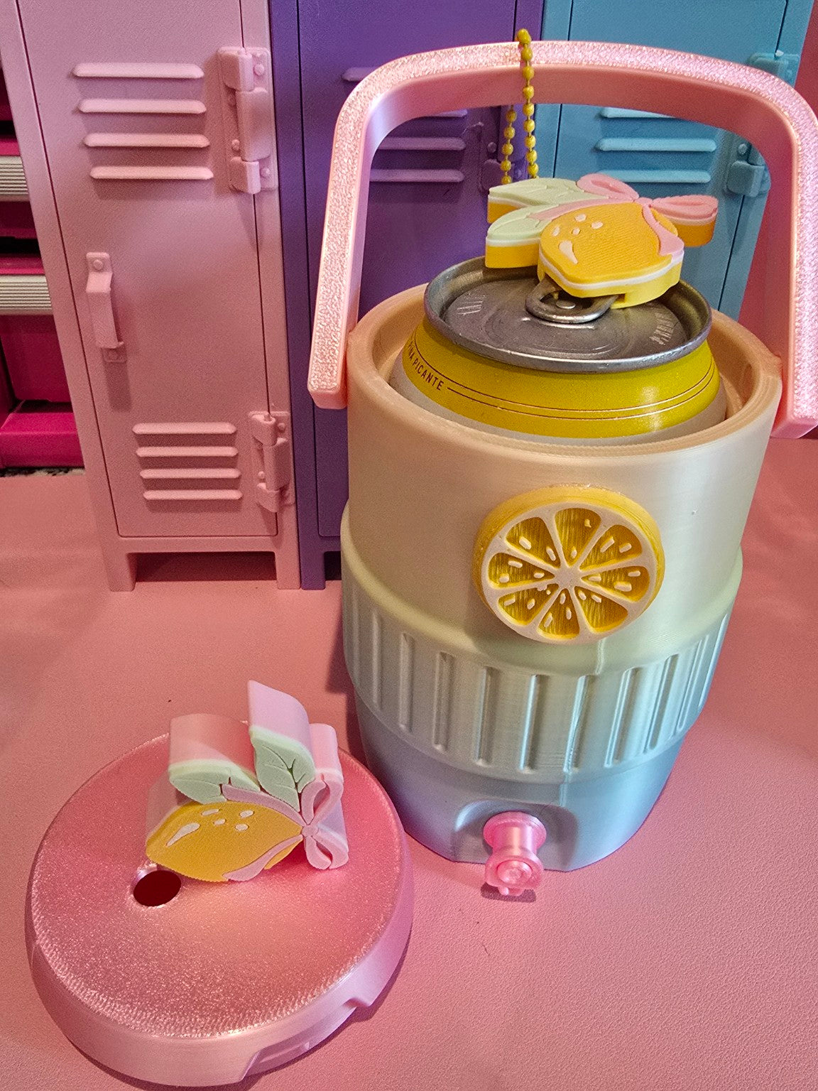 Lemon Can Koozie with Straw Topper & Tab Opener Keychain