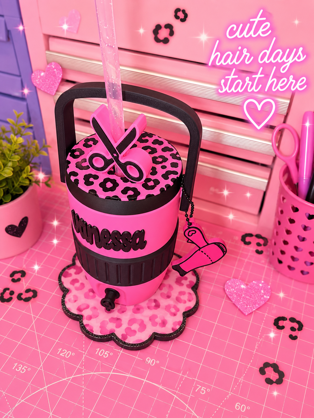 Hairstylist Theme Can Koozie with Straw Topper & Tab Opener Keychain