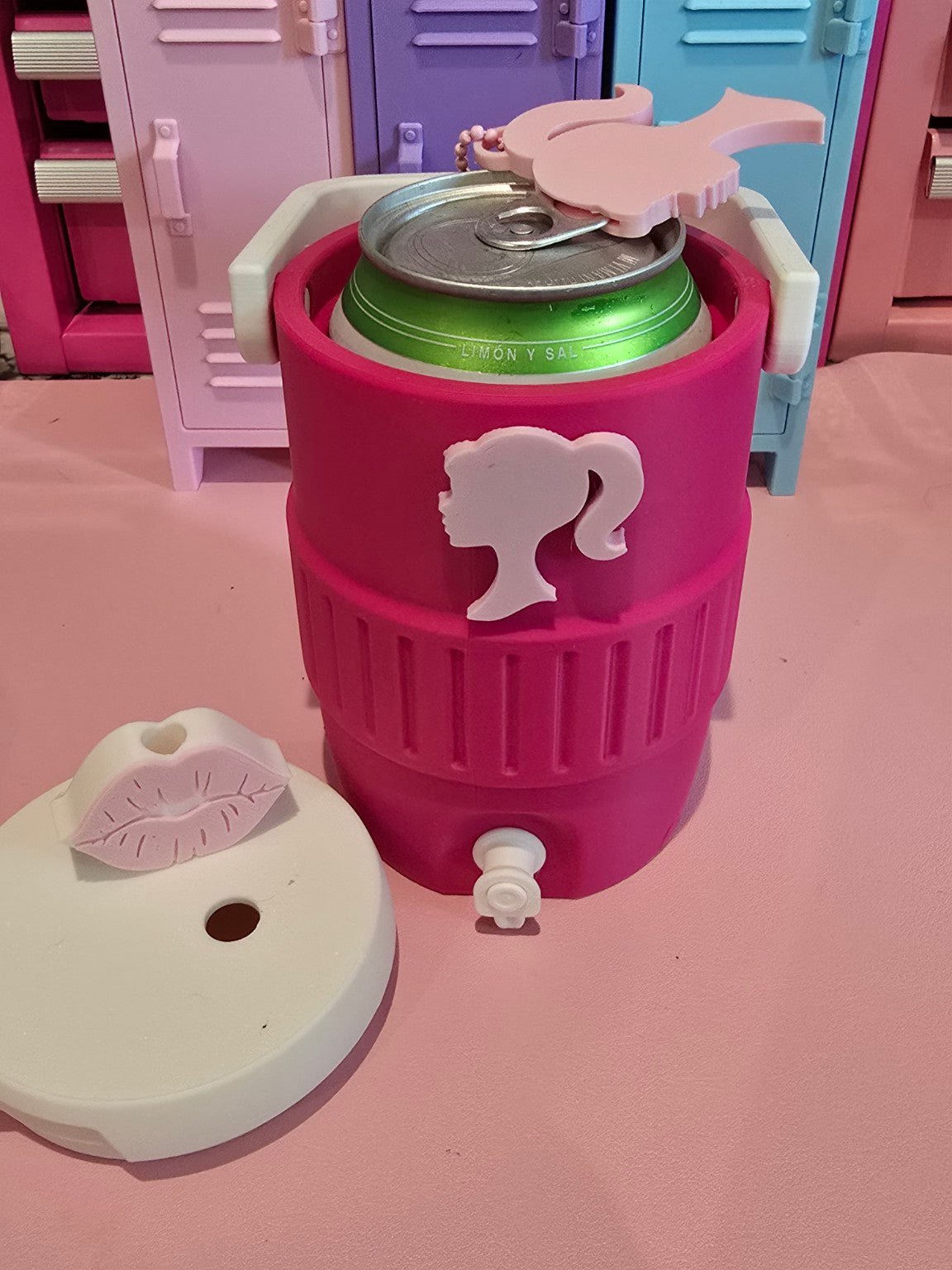 Barbie Inspired Can Koozie with Straw Topper & Tab Opener Keychain