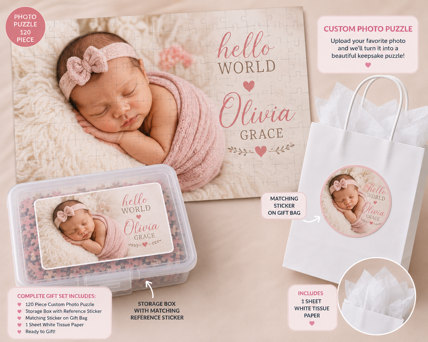 Personalized Puzzle Gift Set, Custom Name Puzzle, Photo Puzzle, Kids Birthday Gift, Baby Shower Gift, Wedding Gift, Storage Box (Copy)