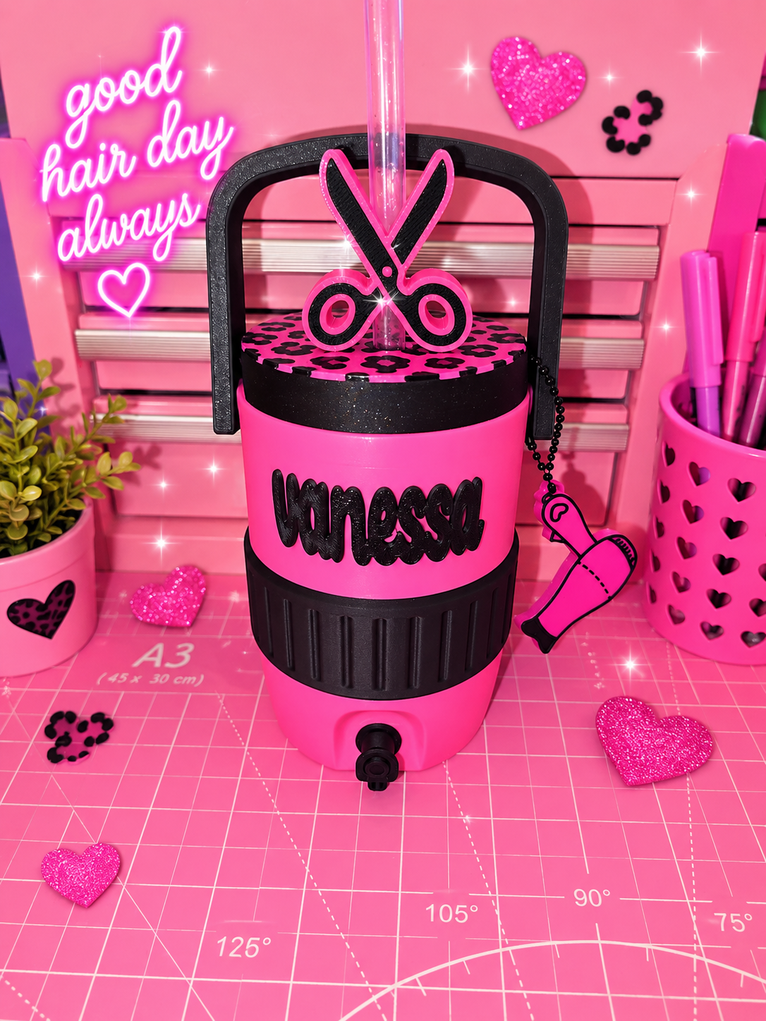 Hairstylist Theme Can Koozie with Straw Topper & Tab Opener Keychain