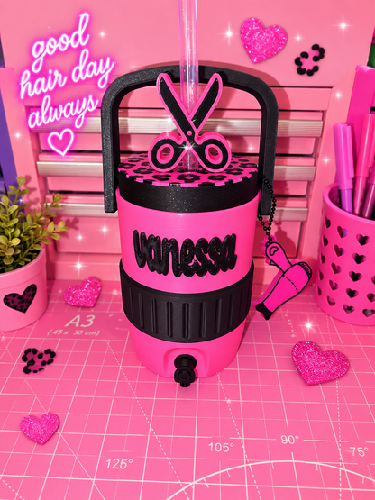 Hairstylist Theme Can Koozie with Straw Topper & Tab Opener Keychain